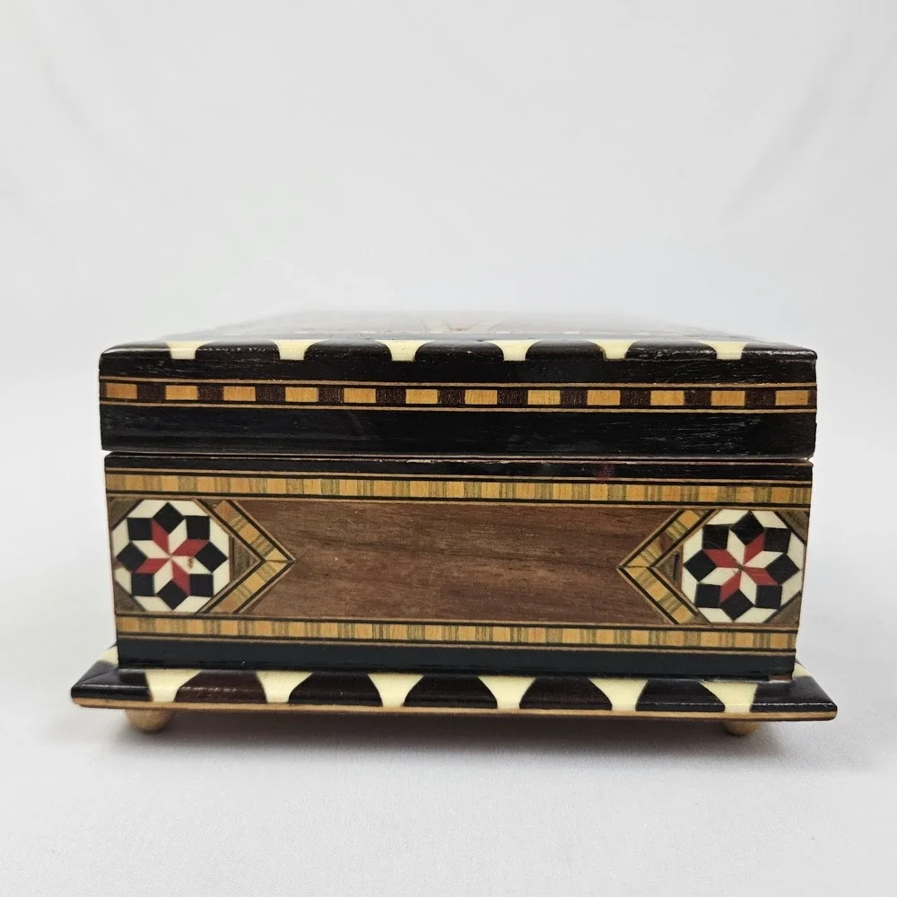 Spanish Marquetry Laquered Jewelry Box Musical Mosaic Vintage Mid-Century